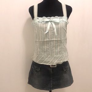 Pinstriped Babydoll Tank w Lace & Ribbon Trim